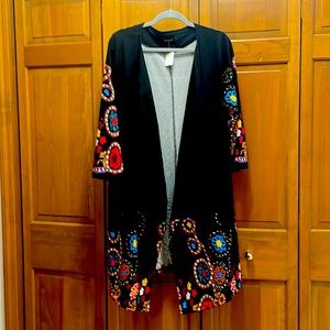 Black with bright colors, faux fur mid cardigan sweater